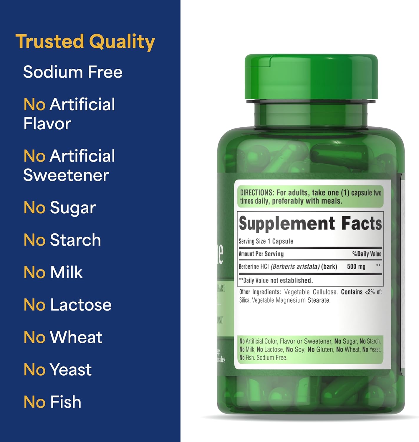 Puritan's Pride Berberine 500 mg, Dietary Supplement Support for Heart Health, Weight Loss, Support Blood Sugar and Cholesterol, 1 Month Supply, 60 Capsules