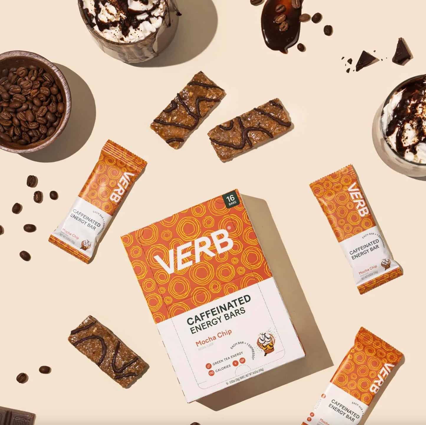 Verb Caffeinated Energy Bars Mocha Chip (26g, Pack of 16) 110-Calorie Delicious Low Sugar Energy Bar - Vegan Gluten Free On-the Go Snack with 80mg Green Tea Caffeine, Only Real-Food Ingredients