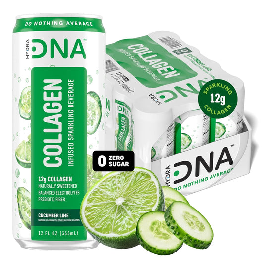 HYDRADNA- Sparkling Liquid Collagen Protein Water Drink Balanced Nutrients for Wellness - Sugar-Free - Keto-Friendly - No Gluten (12 Pack) Cucumber Lime