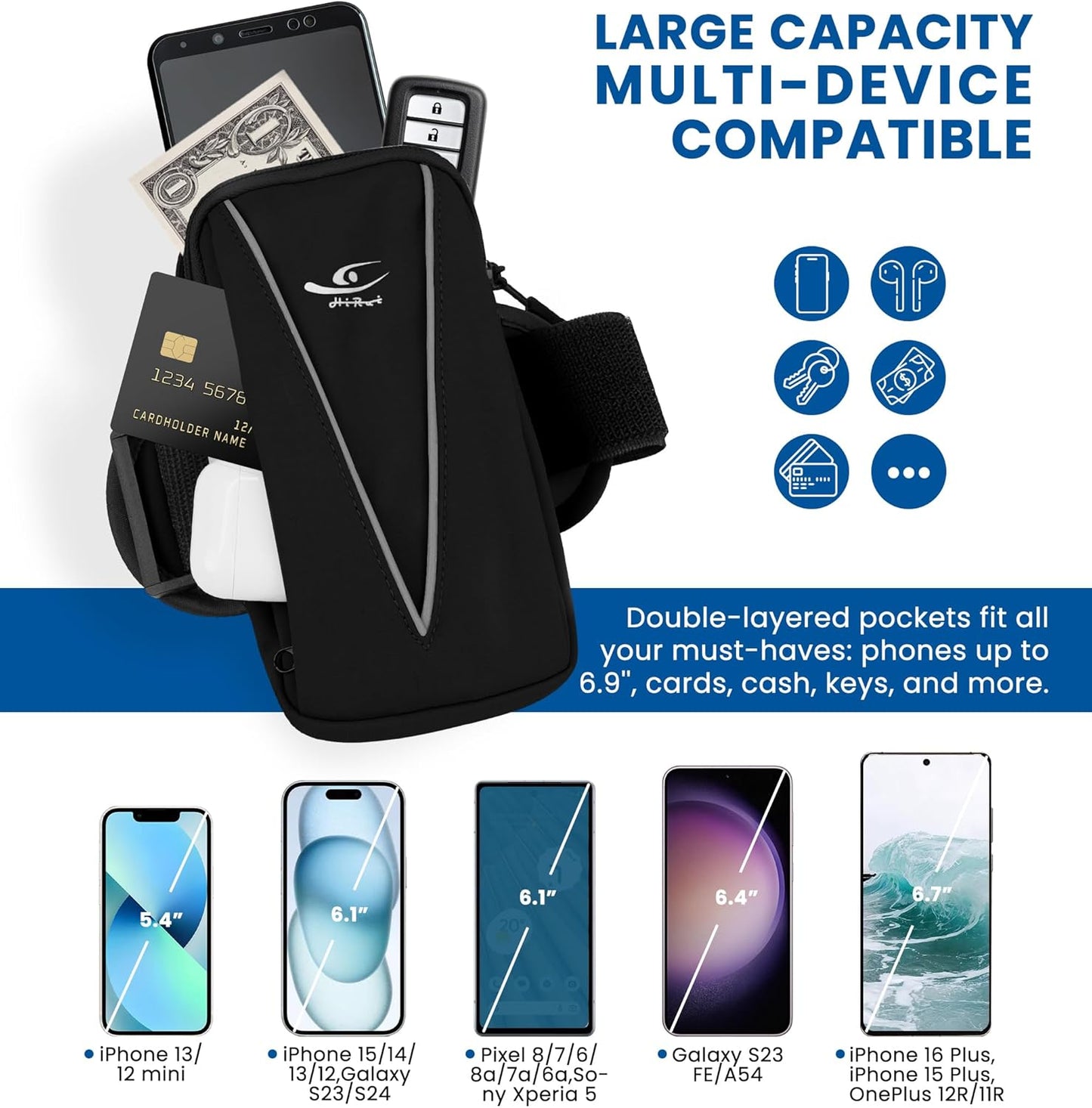 HiRui Cell Phone Holder Arm Bag & Wrist Bag for Phone, Sports Running Armband for Gym & Cycling, Compatible with iPhone 16/16Pro/Plus/15/14 Samsung Galaxy All Phones, Reflective & Adjustable (Black)