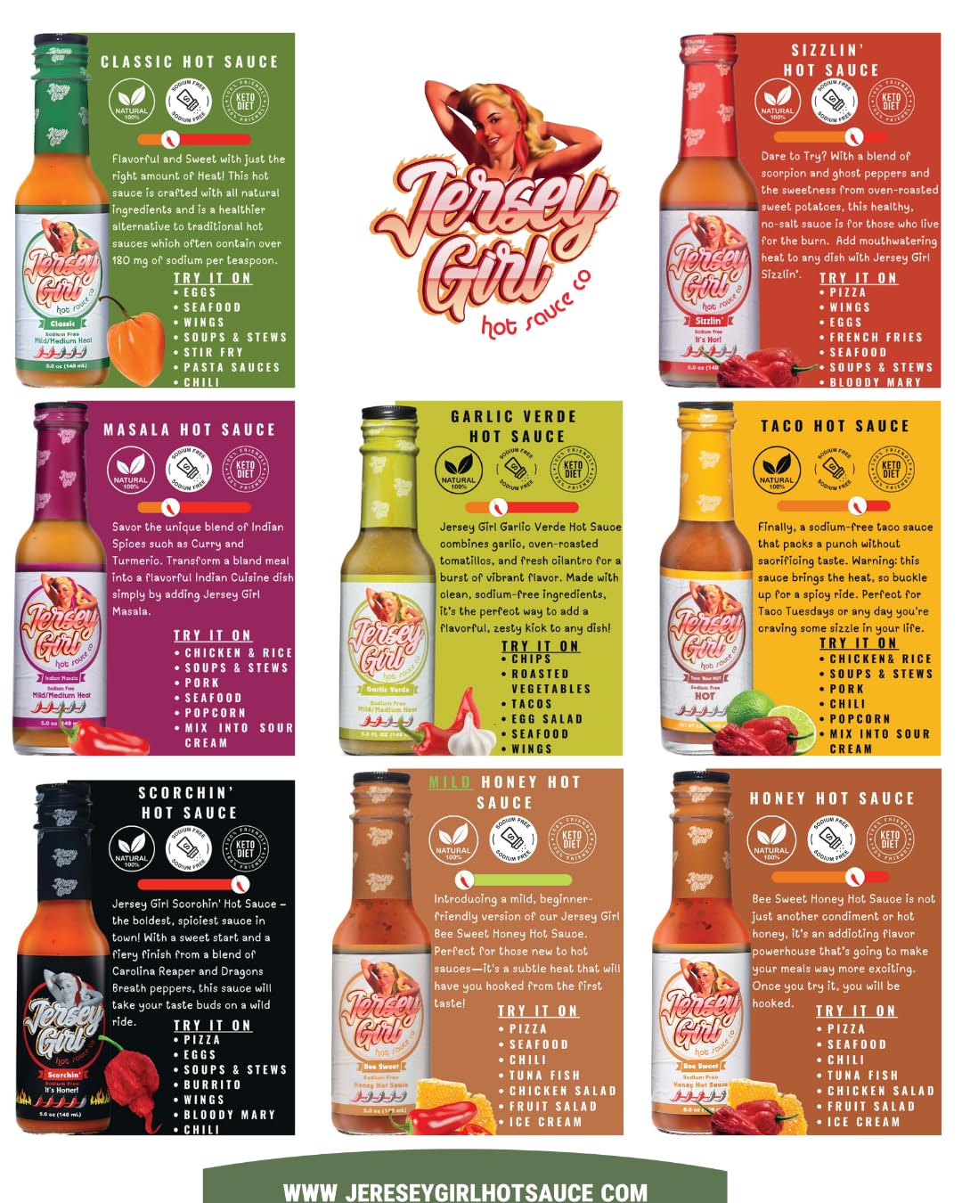 Jersey Girl Sizzlin' No Sodium/Salt Free Hot Sauce - Made with Scorpion & Ghost Pepper 5oz (Spicy) All Natural Ingredients
