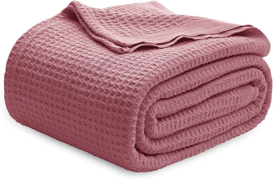 Bedsure 100% Cotton Blanket Queen Size for Bed - Breathable and Soft, Waffle Weave Blanket for Summer, Thick Cozy Fall Blankets for Women Gift, Dusty Rose, 90x90 Inches
