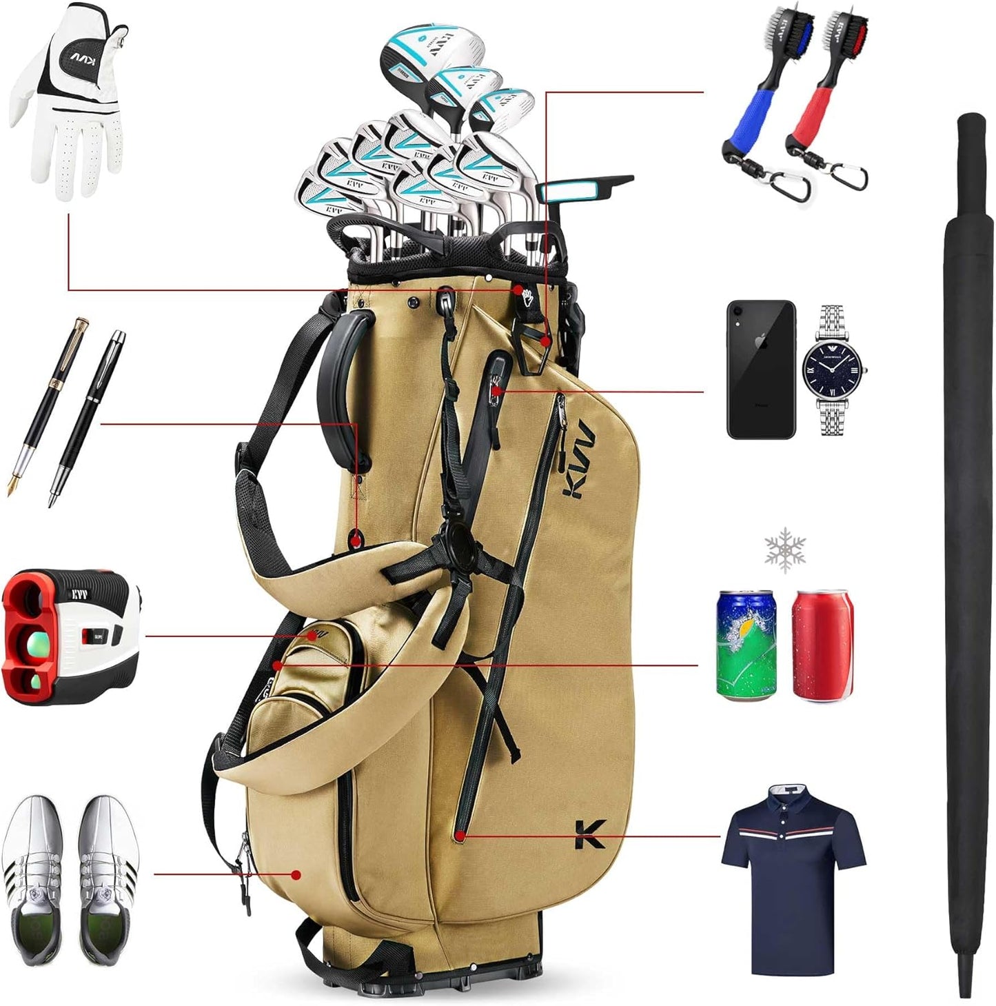 KVV Lightweight Golf Stand Bag with 7 Way Full-Length Dividers, 5 Zippered Pockets, Automatically Adjustable Dual Straps，Elegant Design