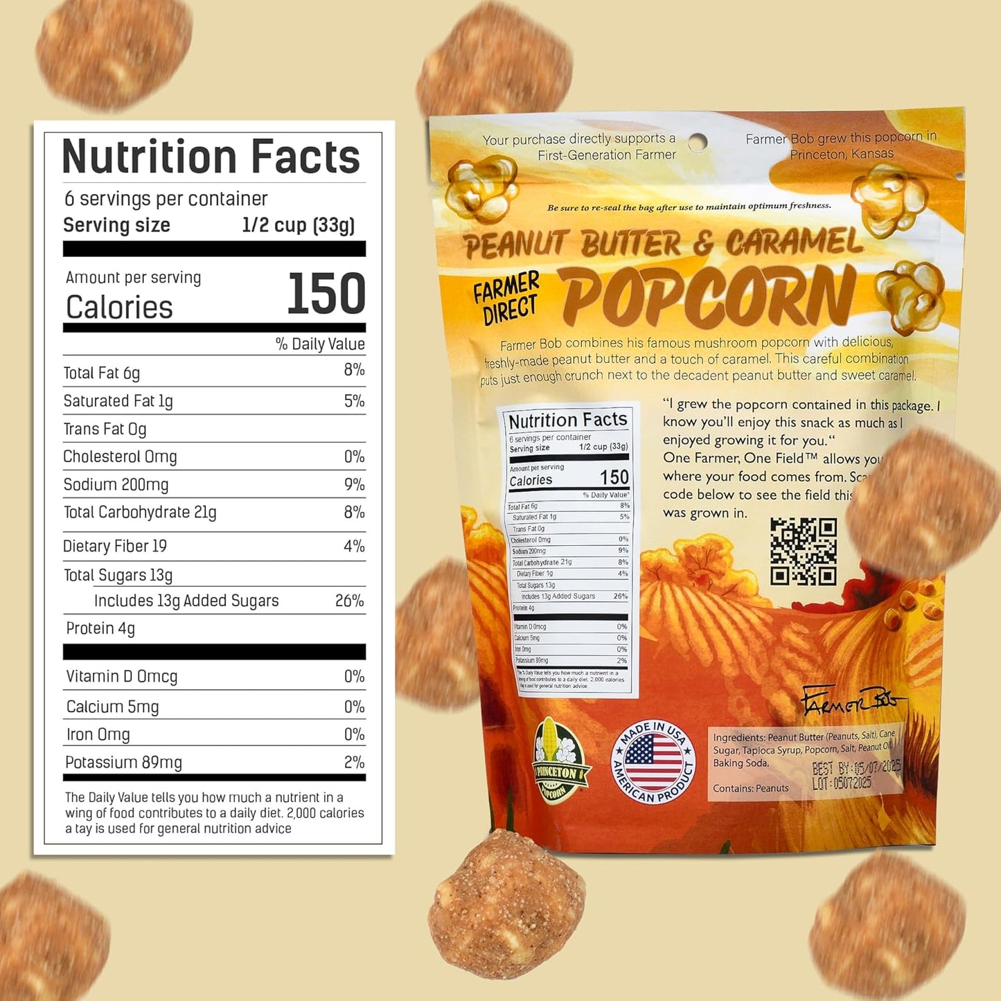 Gourmet Popcorn Bags, Peanut Butter Caramel Corn, Vegan, Gluten Free, Non-GMO, 7 Ingredient, Healthy Resealable Snack, 6oz Bag, Perfect Snacks for Adults, Peanut Butter Pretzels Flavor Farmer Direct - PuffyCrunch by Princeton Popcorn USA Made