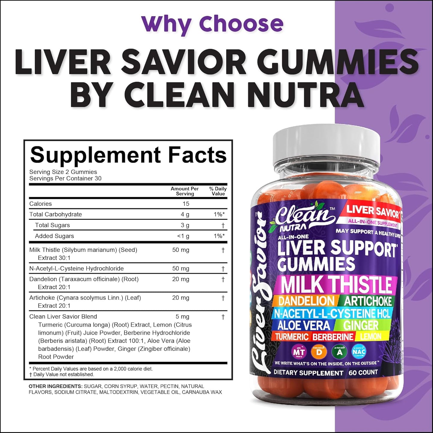 Clean Nutra Liver Cleanse Detox & Repair Gummies | Milk Thistle Gummy Liver Support Vitamins | Dandelion, Artichoke, Aloe Vera, Ginger, Berberine, Lemon, N-Acetyl-L-Cysteine, Turmeric Supplement HCL