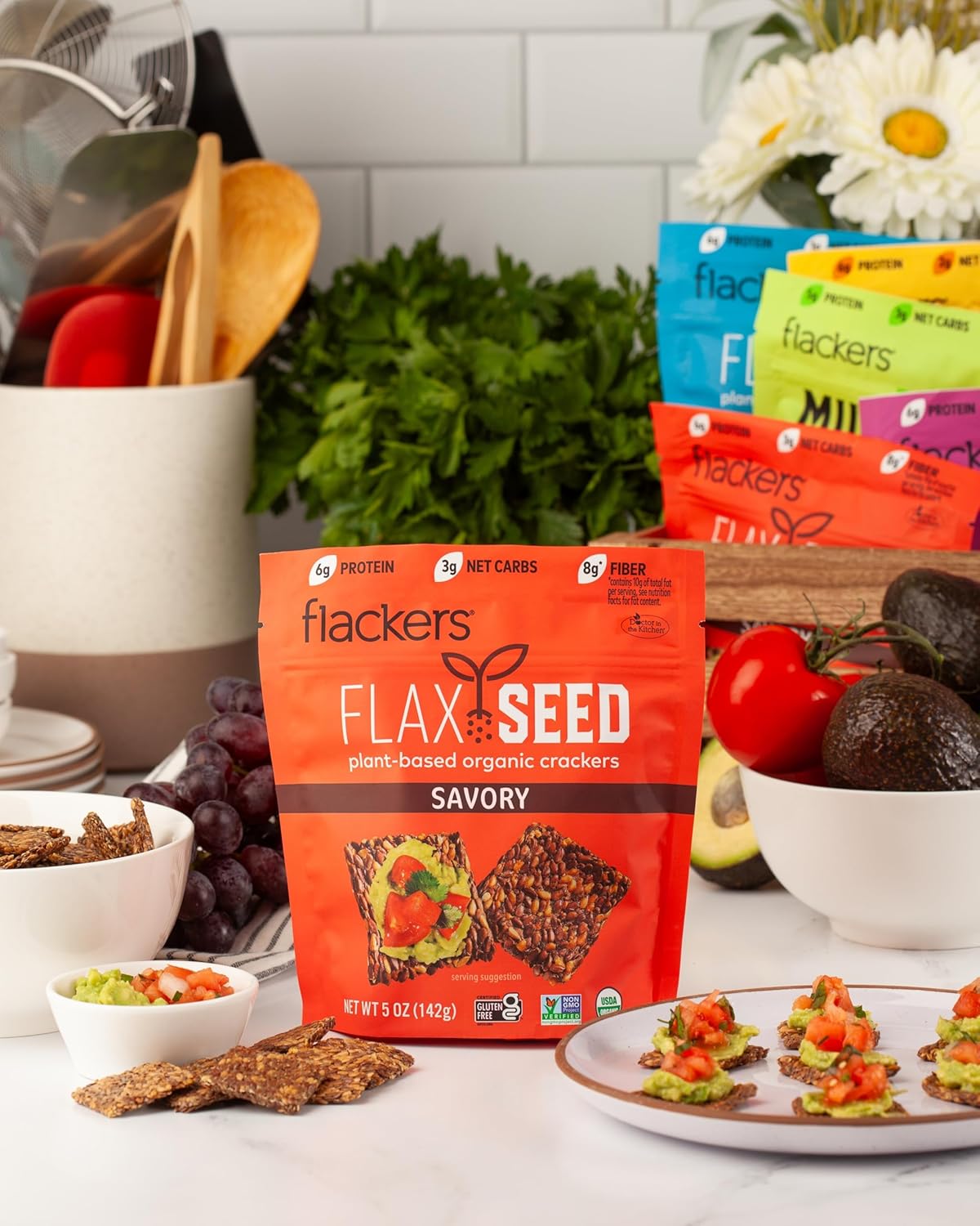 Flackers Organic Savory Flaxseed Crackers, 5 Ounce 1-Pack, Gluten Free, Non GMO, Vegan, Keto Snack, 8g Fiber, 3g Net Carbs