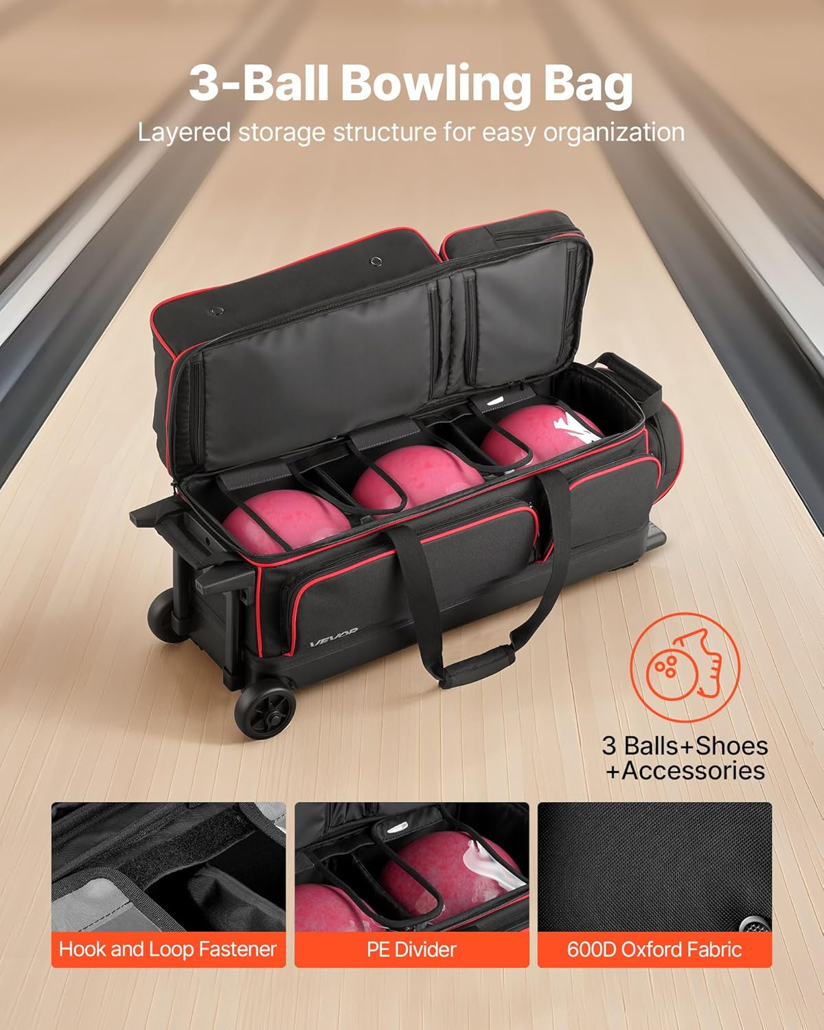 VEVOR Bowling Ball Bag, 3 Ball Double Roller Bowling Bag with Wheels, Featuring a Separate Compartment for Shoes (Up To US Size 16) & Oversized Accessory Pocket, Retractable Handle Extends to 41.34 in