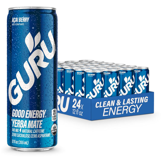 GURU Yerba Mate Organic Energy Drinks, Clean Energy Drink with Plant Based Natural Caffeine from Green Tea, Low Calorie, Gluten Free, 140mg Caffeine, Healthy Drinks, Acai Berry, 12oz (Pack of 24)