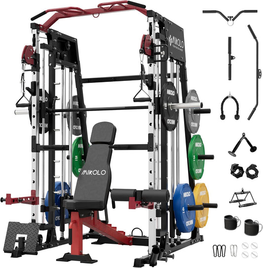 Mikolo Smith Machine, 2200lbs Squat Rack with LAT-Pull Down System & Cable Crossover Machine, Training Equipment with Leg Hold-Down Attachment