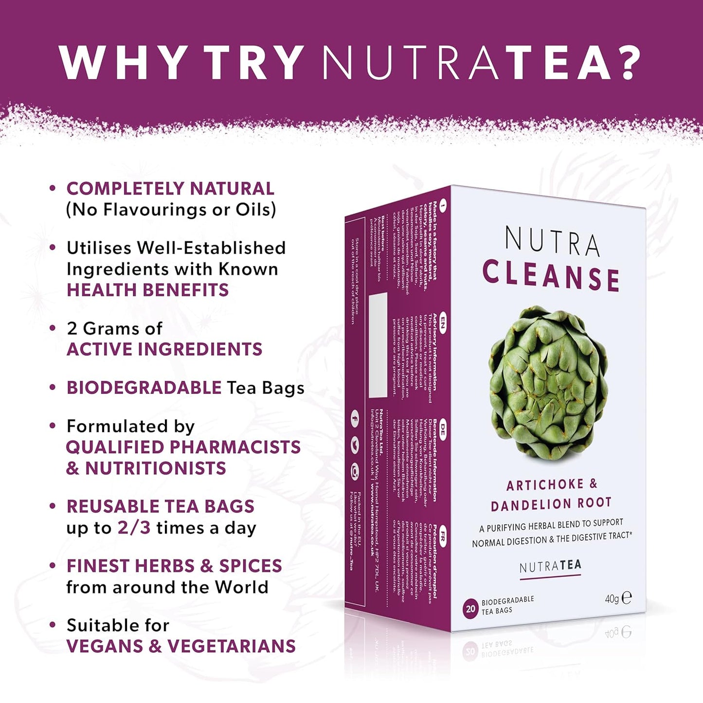 Nutracleanse - Dandelion Root & Burdock Detox Tea - Full Body Cleanse - 40 Envg. Tea Bags (2 Pack)