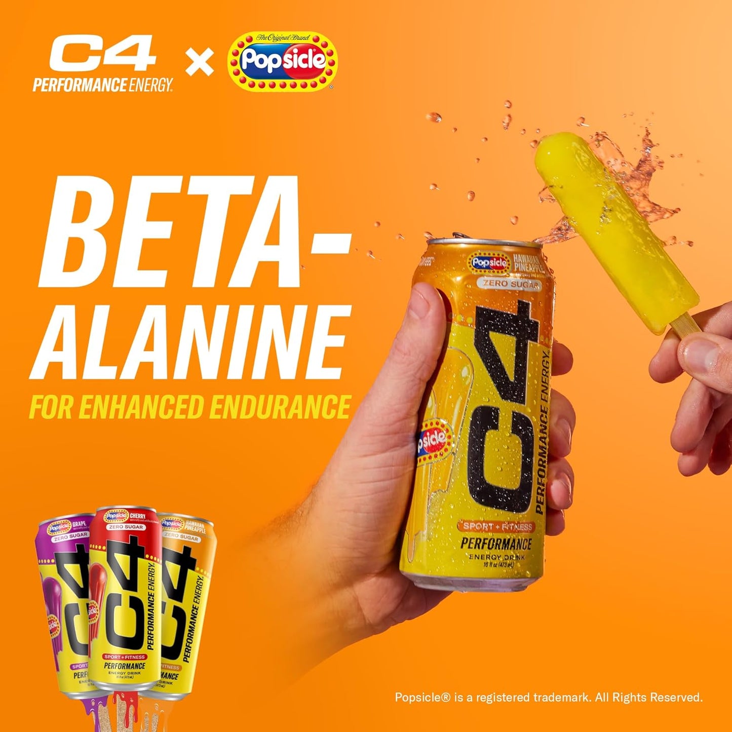C4 Energy Drink x Popsicle Variety Pack, Carbonated Sugar Free Pre Workout Performance Drink with no Artificial Colors or Dyes, 3 Flavors - Grape, Hawaiian Pineapple, and Cherry, 16 Oz, Pack of 12