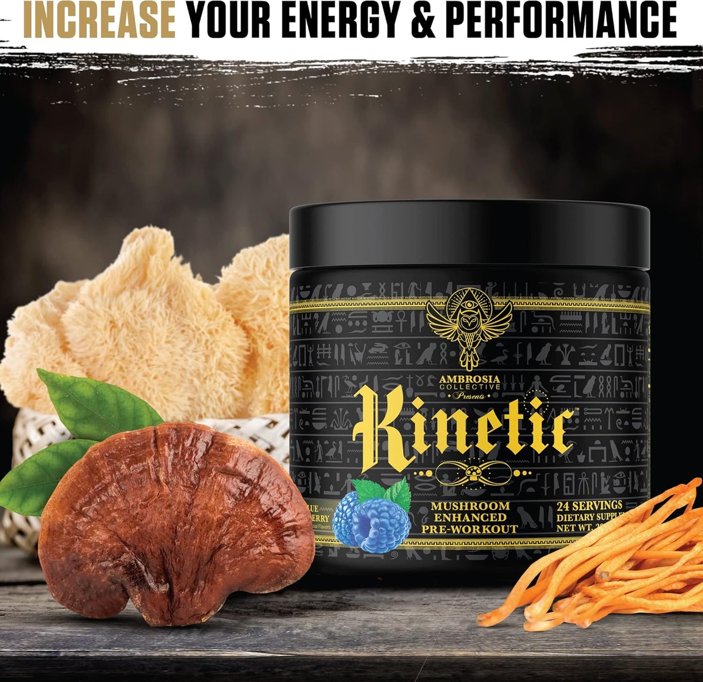 Ambrosia Kinetic Organic Preworkout, Mushroom Enhanced Natural Pre Workout Supplement, Nootropic Superfood Powder for Energy (Blue Raspberry)