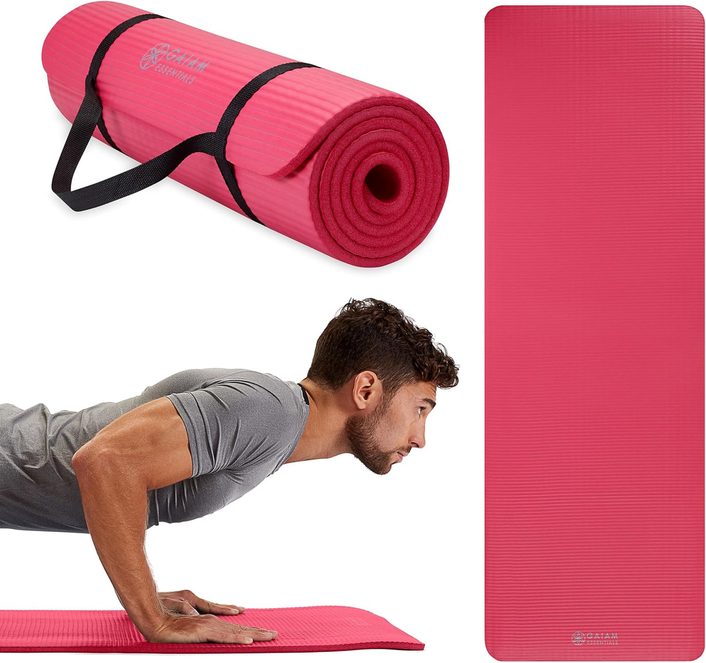 Gaiam Essentials Thick Yoga Mat Fitness & Exercise Mat with Easy-Cinch Yoga Mat Carrier Strap, 72"L x 24"W x 2/5 Inch Thick