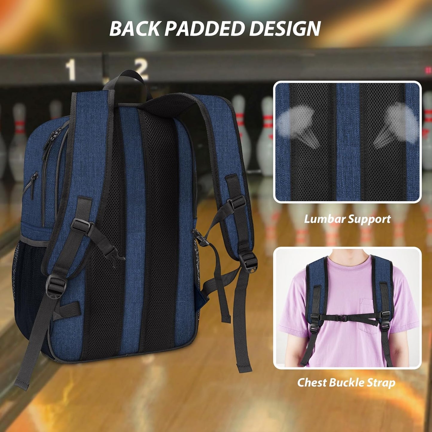 Bosynoy Bowling Backpack, Bowling Ball Bag Totes for Single Ball with Shoe Compartment & Foam Padded, Fits Shoes Up to US Mens Size 16, Grey