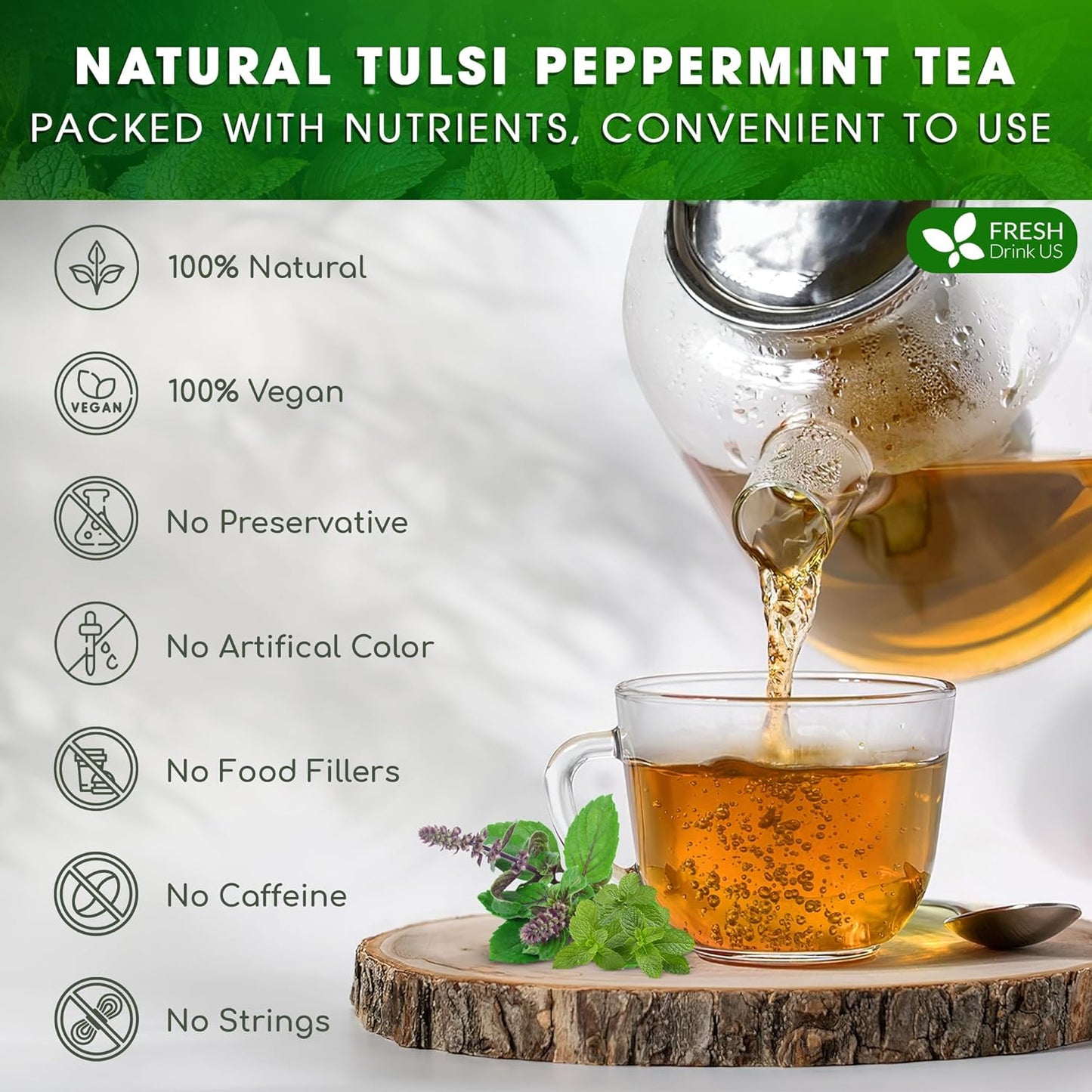 FreshDrinkUS, Premium Tulsi Peppermint Herbal Tea – 135 Tea Bags, 100% Natural, Blend of Tulsi Holy Basil Leaves, and Peppermint Leaves. Made with Natural Material Tea Bags. No Sugar, Vegan.