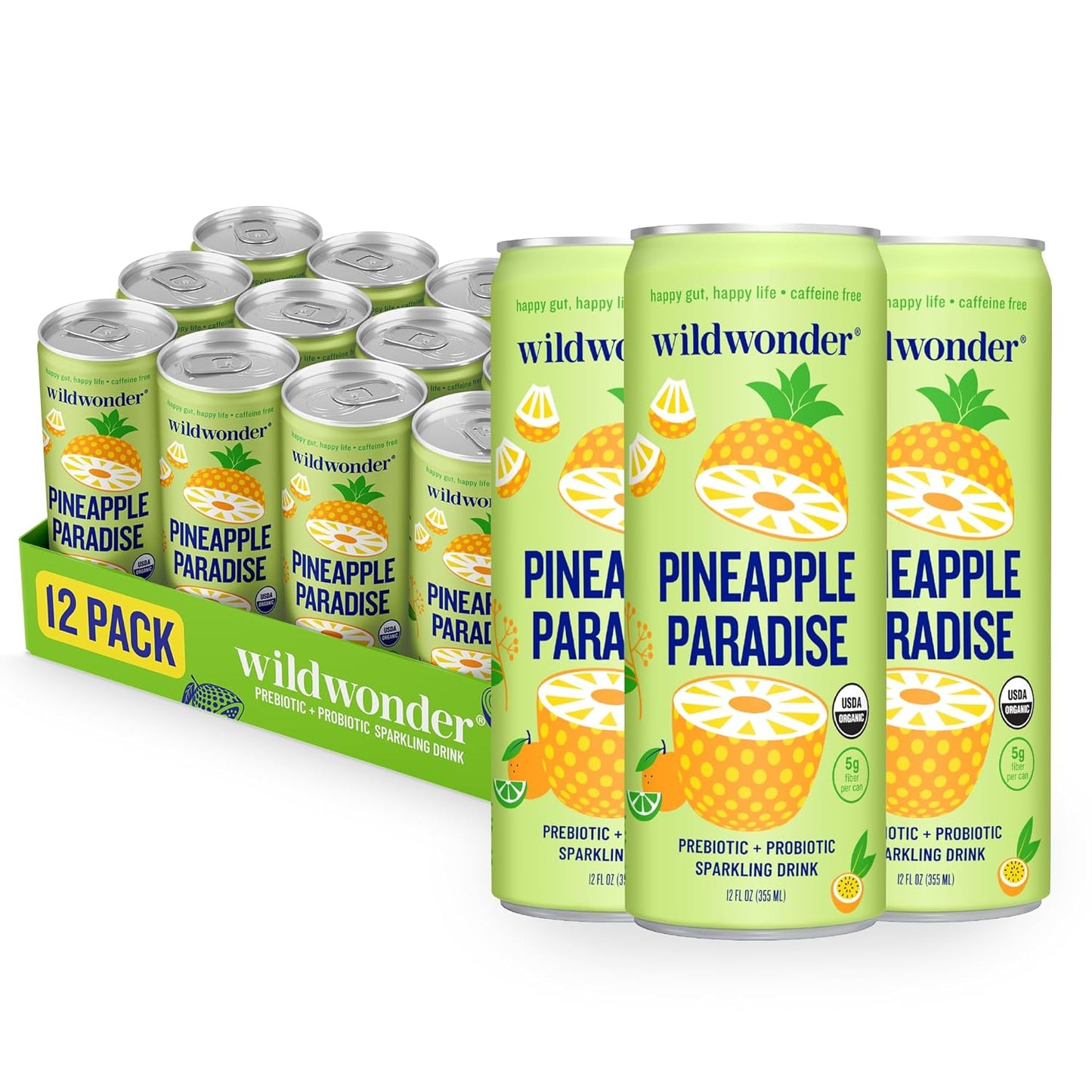 wildwonder Sparkling Probiotic Drink 12pk, For Gut Health & Immune Support, Pineapple Paradise, 5g Prebiotic Fiber, Live Probiotics, Organic, Vegan, Low Sugar, 12 Pack, 12oz Can, As Seen on Shark Tank
