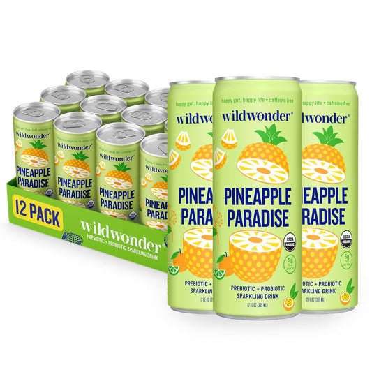 wildwonder Sparkling Probiotic Drink 12pk, For Gut Health & Immune Support, Pineapple Paradise, 5g Prebiotic Fiber, Live Probiotics, Organic, Vegan, Low Sugar, 12 Pack, 12oz Can, As Seen on Shark Tank