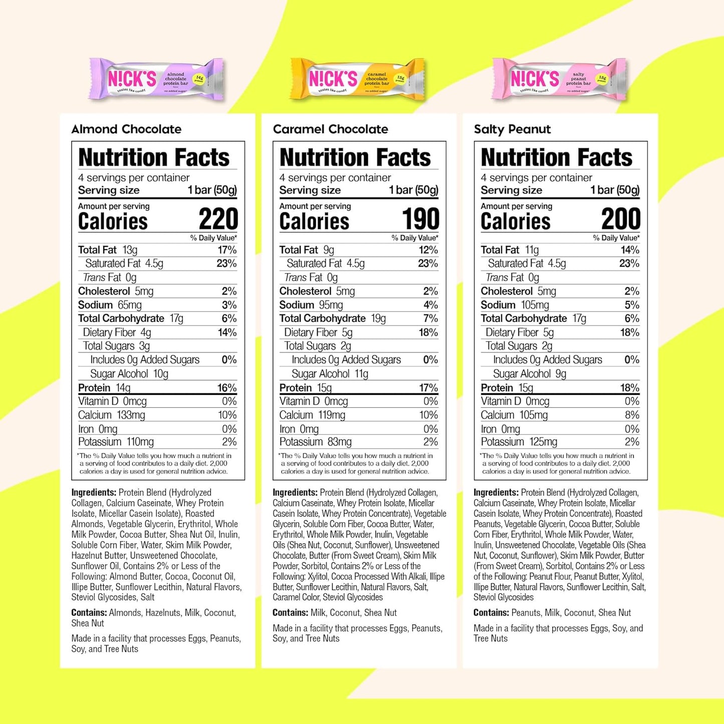 Nick's Protein Bars Chocolate Variety Pack High Protein, Low Calories, Low Carb Keto Friendly Snacks No Added Sugar, Salty Peanut, Chocolate Caramel and Almond Chocolate (12 Pack)