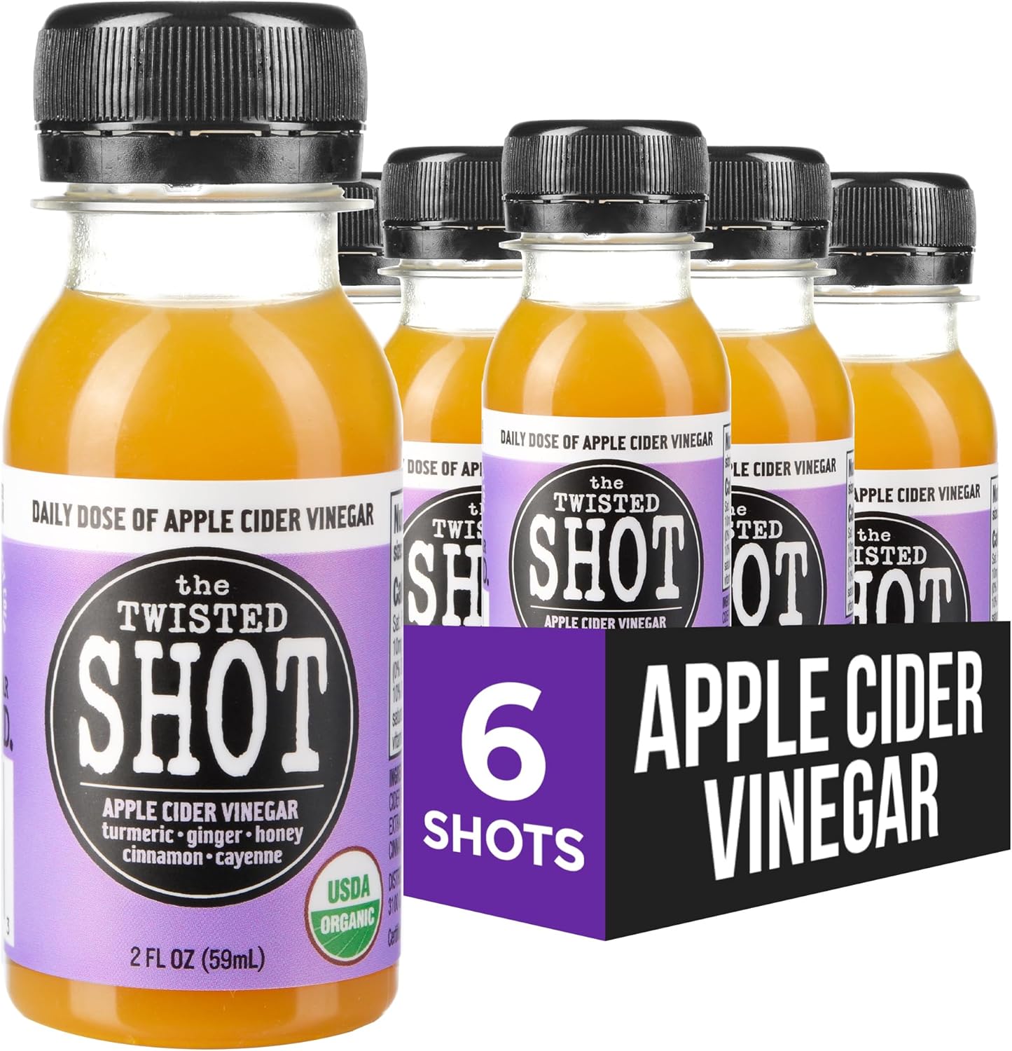 The Twisted Shot | Organic Apple Cider Vinegar Wellness Shots with Ginger, Turmeric, Honey, Cinnamon and Cayenne | Digestion, Immunity and Gut Health Support | Ready to Drink | 6, 2 oz Mini Bottles