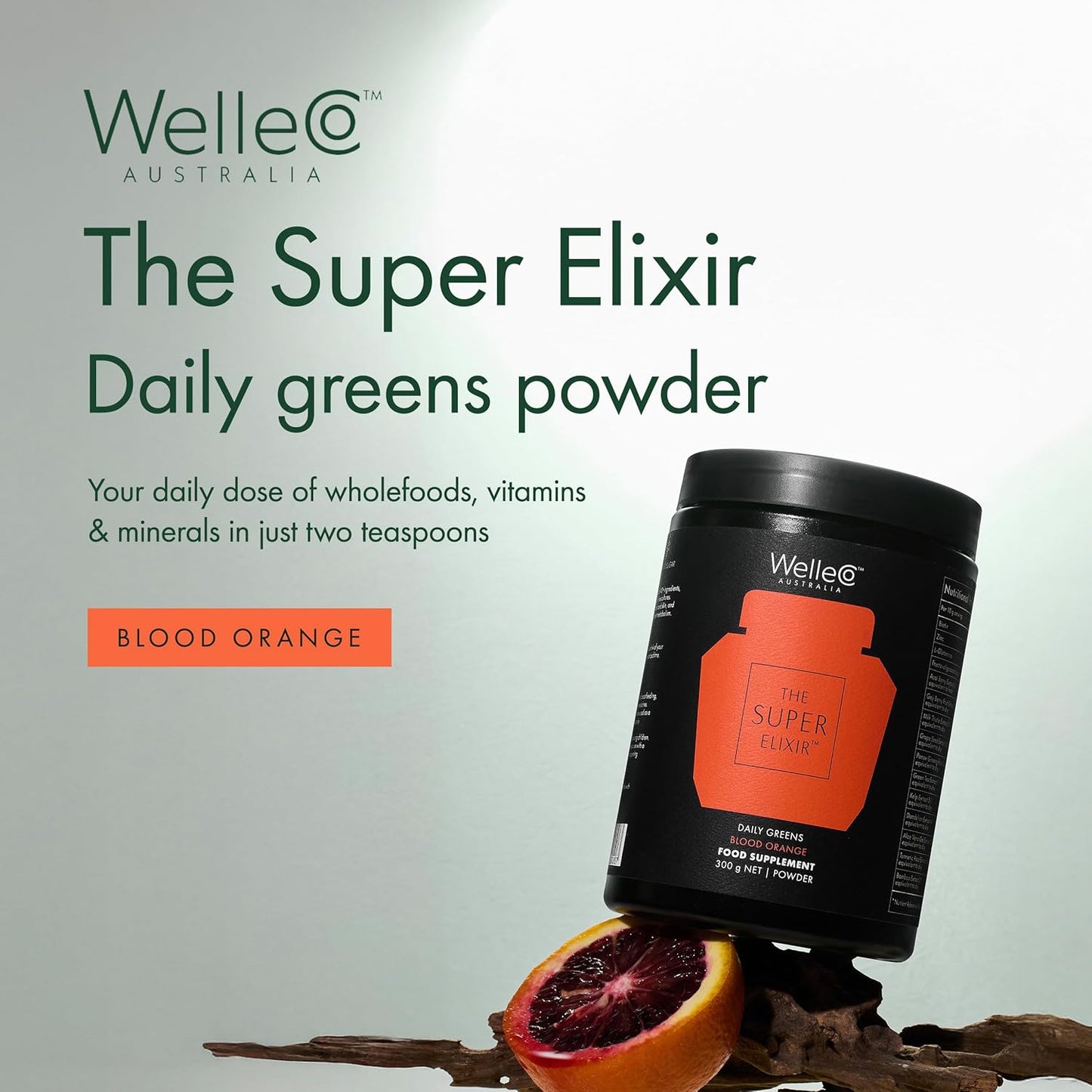 WelleCo The Super Elixir Daily Greens Powder, Probiotic Drink Mix with Whole Foods, Gluten Free, Vegan Gut Health Powder, Energy, Immunity, Healthy Skin, Hair & Nails (Jar, Blood Orange)
