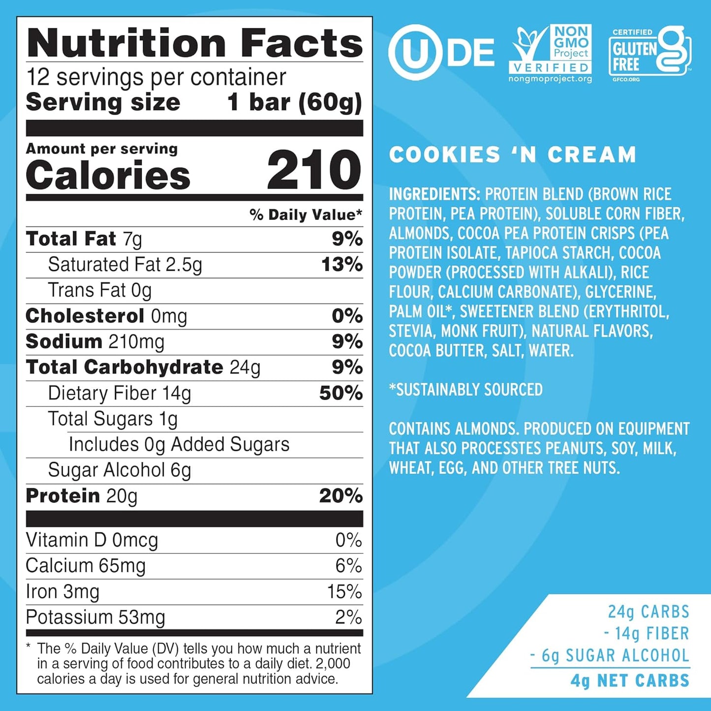 No Cow High Protein Bars, Cookies 'N Cream - Healthy Snacks, 20g Vegan Protein, High Fiber, Low Sugar, Keto Friendly, Dairy & Gluten Free (12 Count)