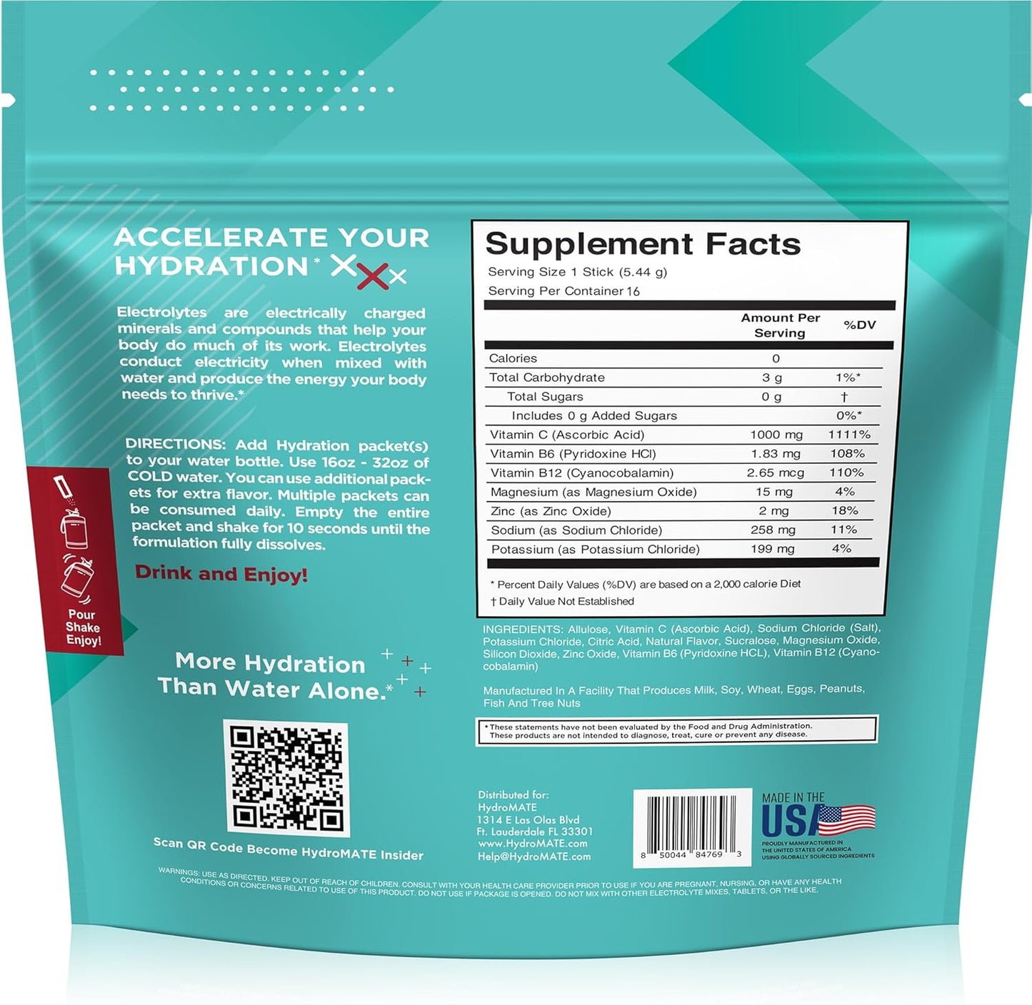 Electrolyte Powder Sugar-Free Hydration Packets Black Cherry HydroMATE 16 Sticks