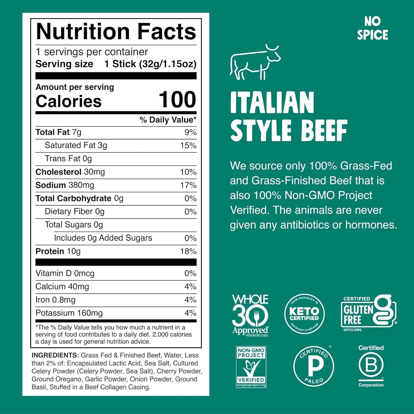 Chomps Grass-Fed and Finished Italian Beef Jerky Snack Sticks 10-Pack - Keto, Paleo, Whole30, 10g Lean Meat Protein, Gluten-Free, Zero Sugar Food, Non-GMO