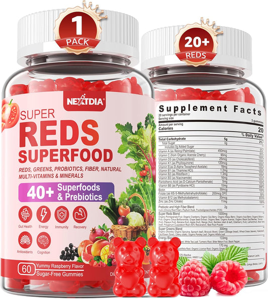 Super Reds Gummies, Fruit and Veggie Supplement w/40+ Superfoods, Polyphenol, Fruits Berries, Super Greens, Beet Root Powder Alternative, Support Energy, Antioxidants, Gut Health, Immunity, 60Cts