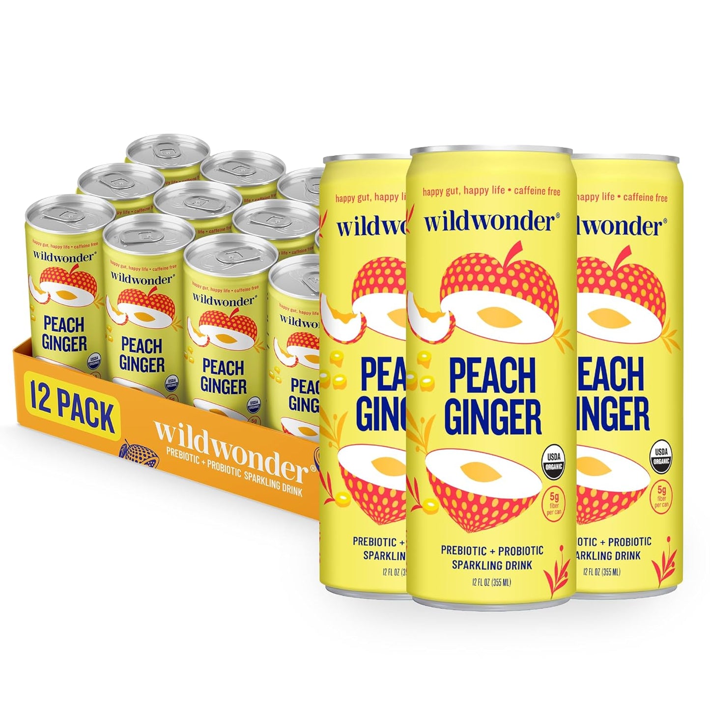 wildwonder Sparkling Probiotic Drink 12pk, For Gut Health & Immune Support, Peach Ginger, 5g Prebiotic Fiber, Live Probiotics, Organic, Vegan, Low Sugar, 12 Pack, 12oz Can, As Seen on Shark Tank