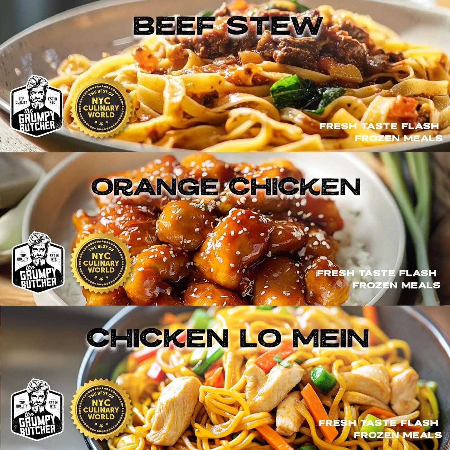 Grumpy Butcher East & West Meals Set – 6 Pack (10-15 oz each) – Beef Stew, Orange Chicken, Chicken Lo Mein – Restaurant-Quality Premade Meals Ready to Eat