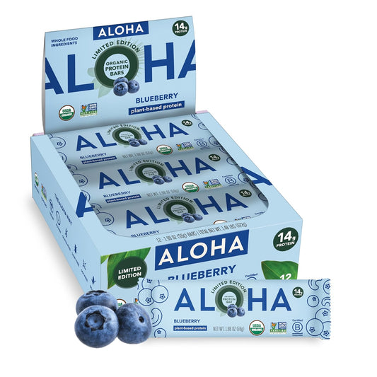ALOHA Organic Plant Based Protein Bars - Blueberry Bars, Vegan, Low Sugar, Gluten-Free, Low Carb, Non-GMO, No Stevia, No Erythritol - 12 Count (Pack of 1)