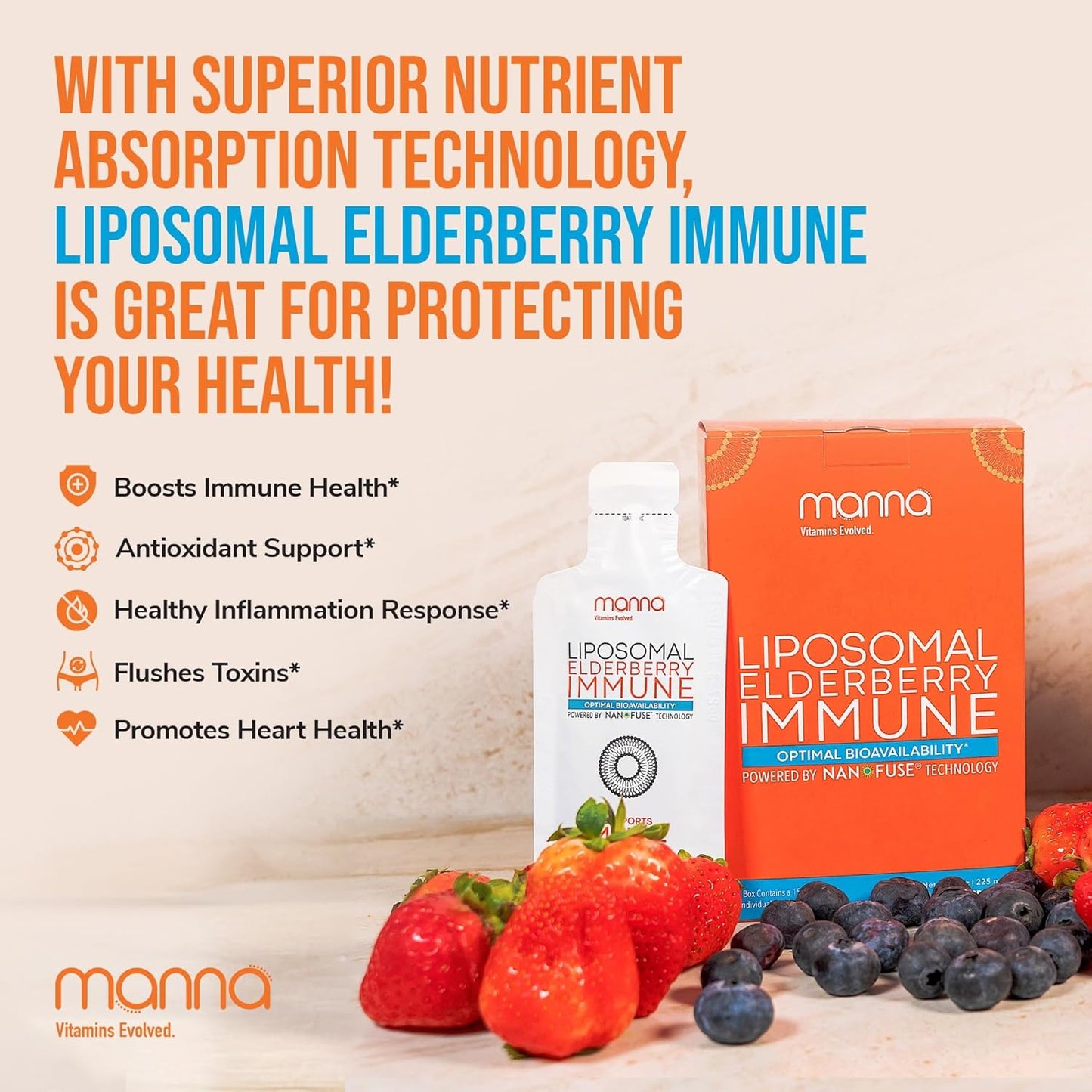 Manna Vitamins Evolved Liposomal Elderberry Immune Packets, Vitamins C, D etc. - Daily Immune Support for Adults, Kids - Sugar Free, Real Elderberry Extract, Syrup, Travel-Friendly, 15 Pack