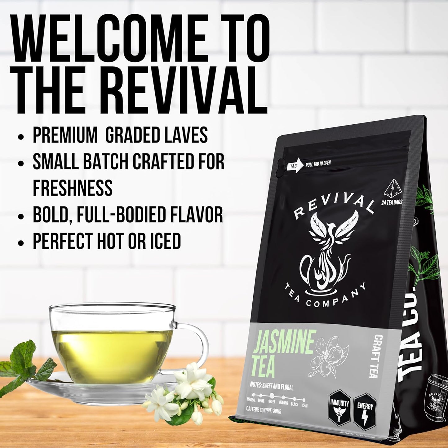 Revival Tea Company Jasmine Tea - Green Tea Blend with Jasmine Petals - Loose Leaf 6 Ounces