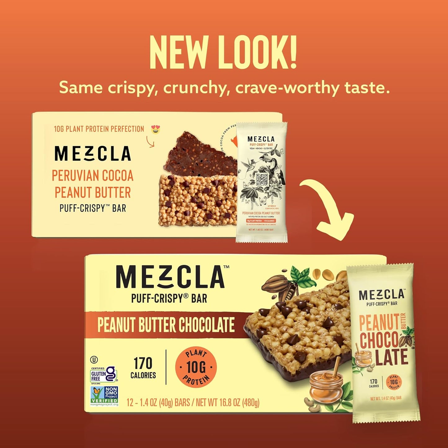 Mezcla Puff Crispy Protein Bars, Gluten Free & Vegan Protein Bars, 10g Protein, Alt for Crispy Rice Treat, Granola Bars & Breakfast Bars, Healthy Snacks for Adults, Peanut Butter Chocolate, 12 Pack