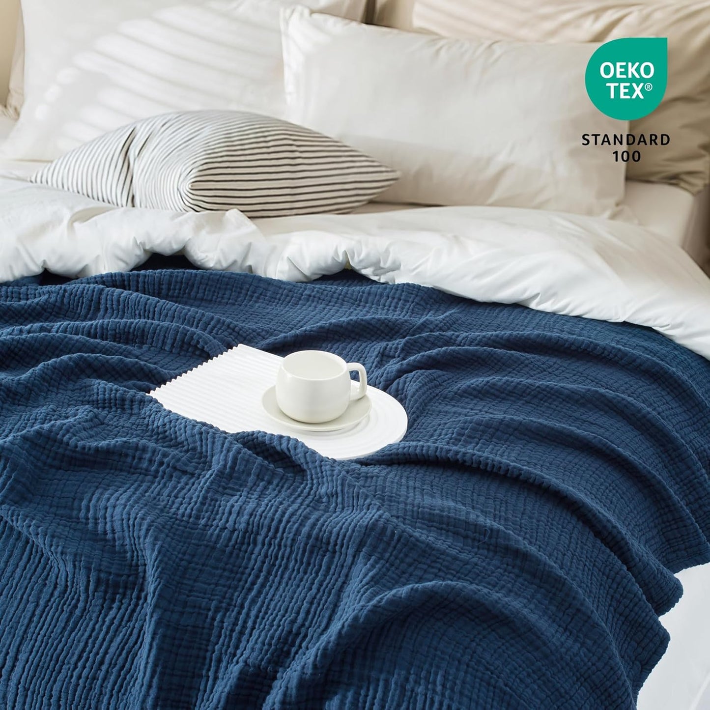 Carriediosa 100% Cotton Muslin Throw Blanket 66" X 90" Twin XL Size，4-Layers Summer Gauze Throws for Bed Couch，Soft Lightweight Breathable Linen Blankets Bedspread for Adults All Season，Navy Blue