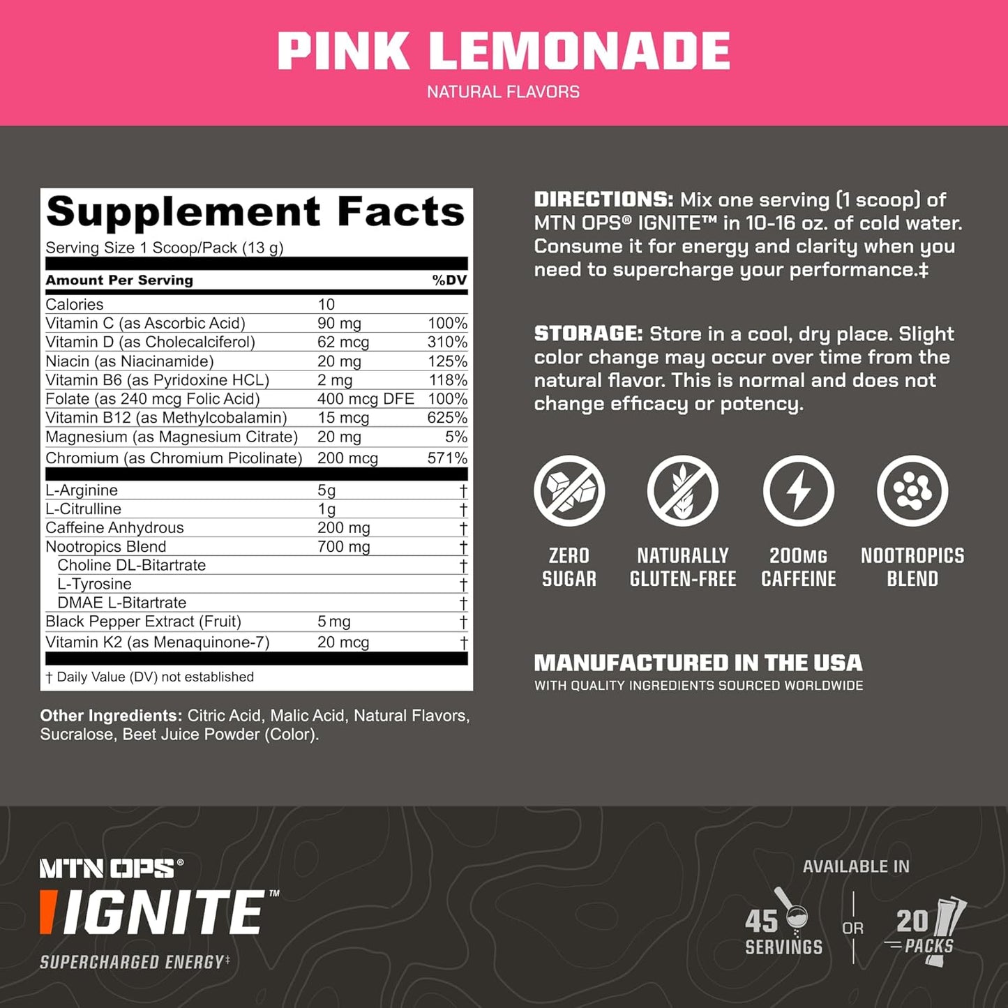 MTN OPS Ignite Energy Drink Powder, Gluten Free Nootropic Supplement Drink Mix, L Arginine, L Citrulline, Caffeine & Nootropic Sugar Free Drink Mix, 45 Servings, Pink Lemonade