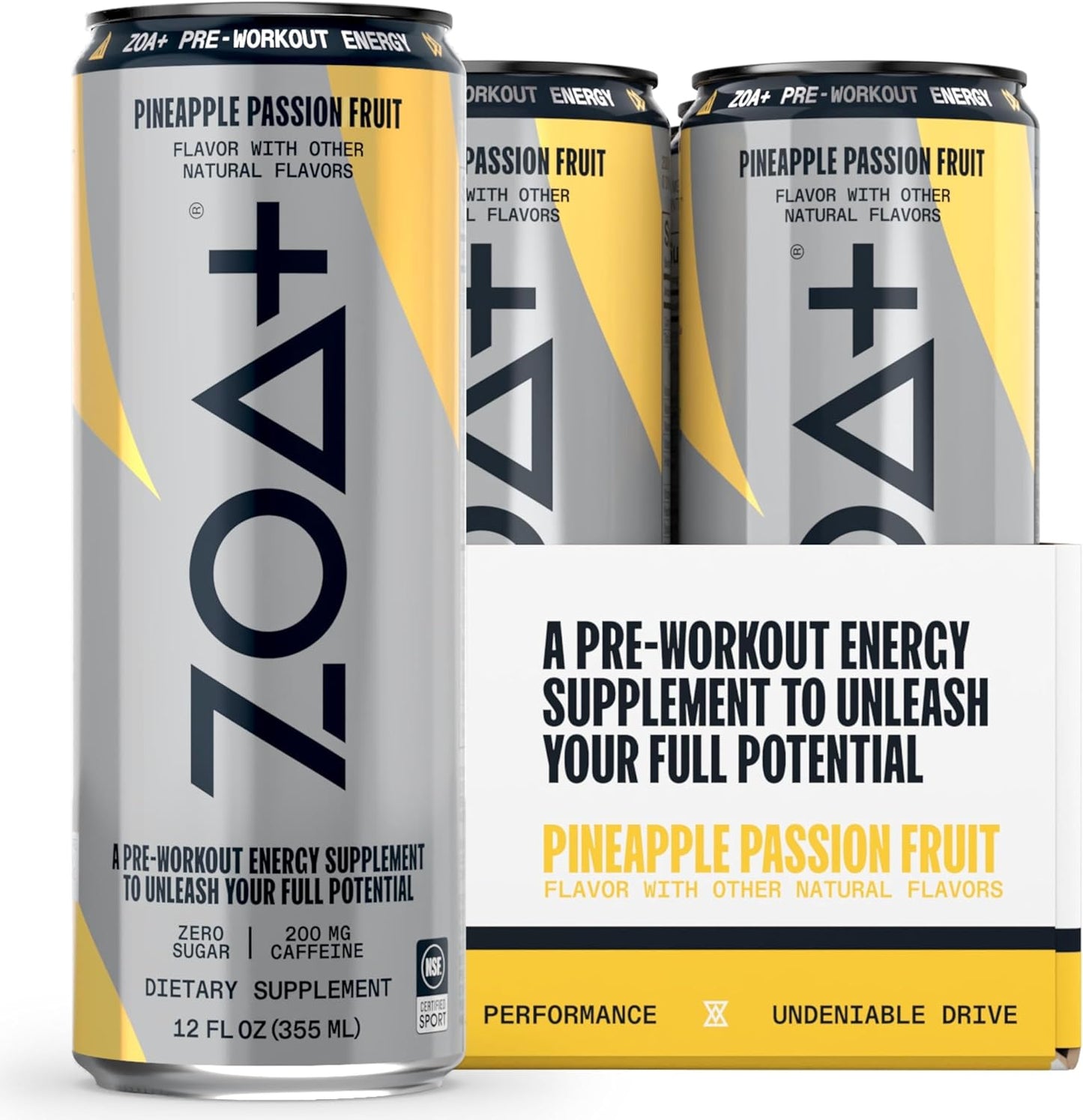 ZOA+ Pre-Workout Energy Drink Supplement - NSF Certified for Sport with Zero Sugar, Nitric Oxide Support, B & D Vitamins, Amino Acids, and Electrolytes (Pineapple Passion Fruit) - 12 pack
