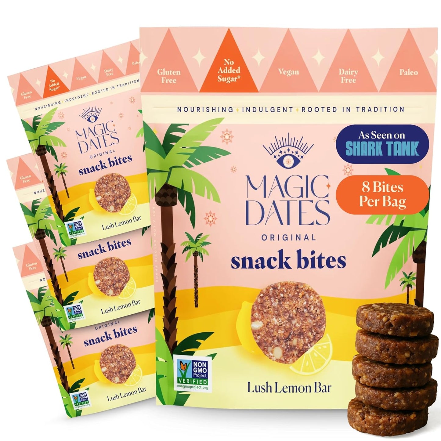 MAGICDATES Date Snack Bites | Lush Lemon Bar – 4 Bags (16 Servings) | Medjool Dates | Gluten-Free | Vegan | Paleo | No Added Sugar | Plant-Based Citrus Snack | Healthy On-the-Go Bites