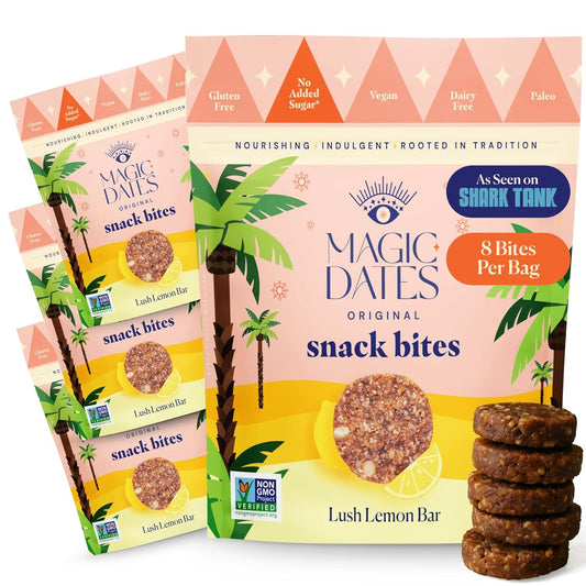 MAGICDATES Date Snack Bites | Lush Lemon Bar – 4 Bags (16 Servings) | Medjool Dates | Gluten-Free | Vegan | Paleo | No Added Sugar | Plant-Based Citrus Snack | Healthy On-the-Go Bites