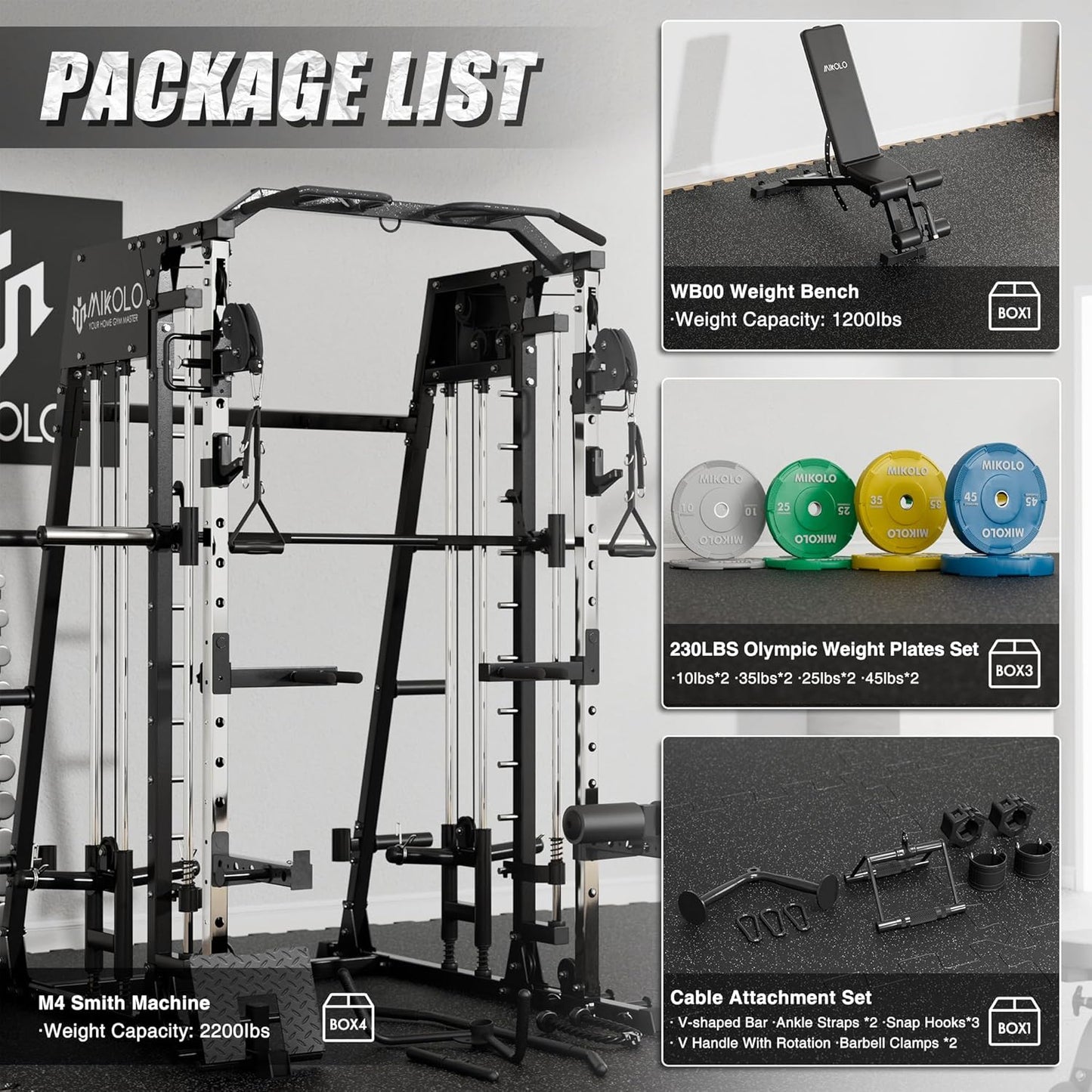 Mikolo Smith Machine, 2200lbs Squat Rack with LAT-Pull Down System & Cable Crossover Machine, Training Equipment with Leg Hold-Down Attachment