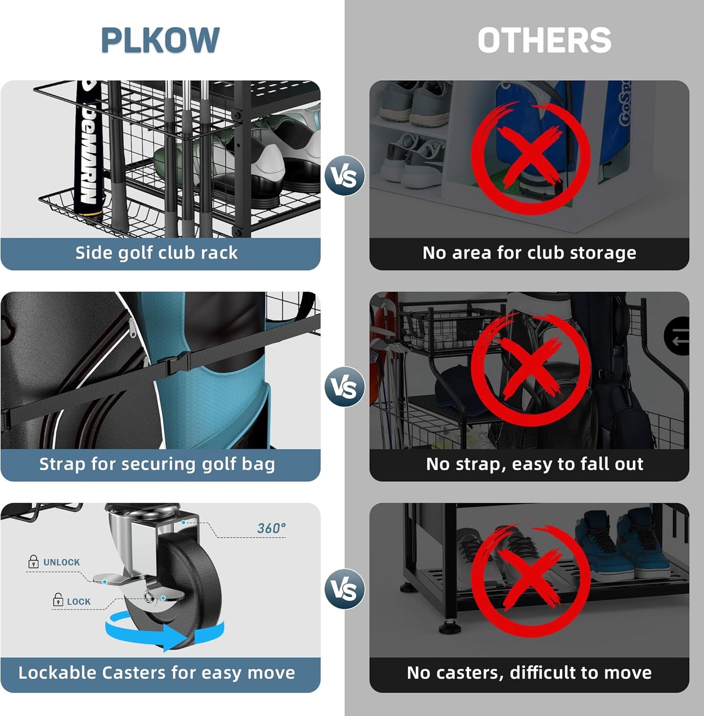 PLKOW Golf Bag Storage Garage Organizer, Extra Large Size Golf Bag Storage Stand and Golf Equipment Rack for Garage,Shed, Basement