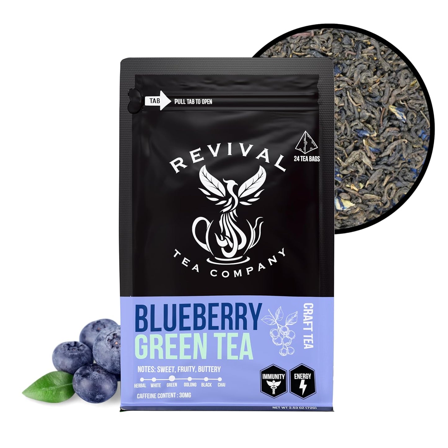 Revival Tea Company Blueberry Green Tea - Green Tea Blend with Natural Blueberry Flavor - 24 Tea Bags