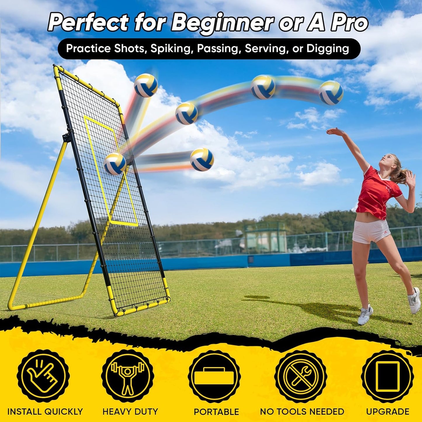 Adjustable Volleyball Rebounder Net Equipment 7x4 FT with Volleyball Practice for Adult Backyard Indoor Outdoor Training