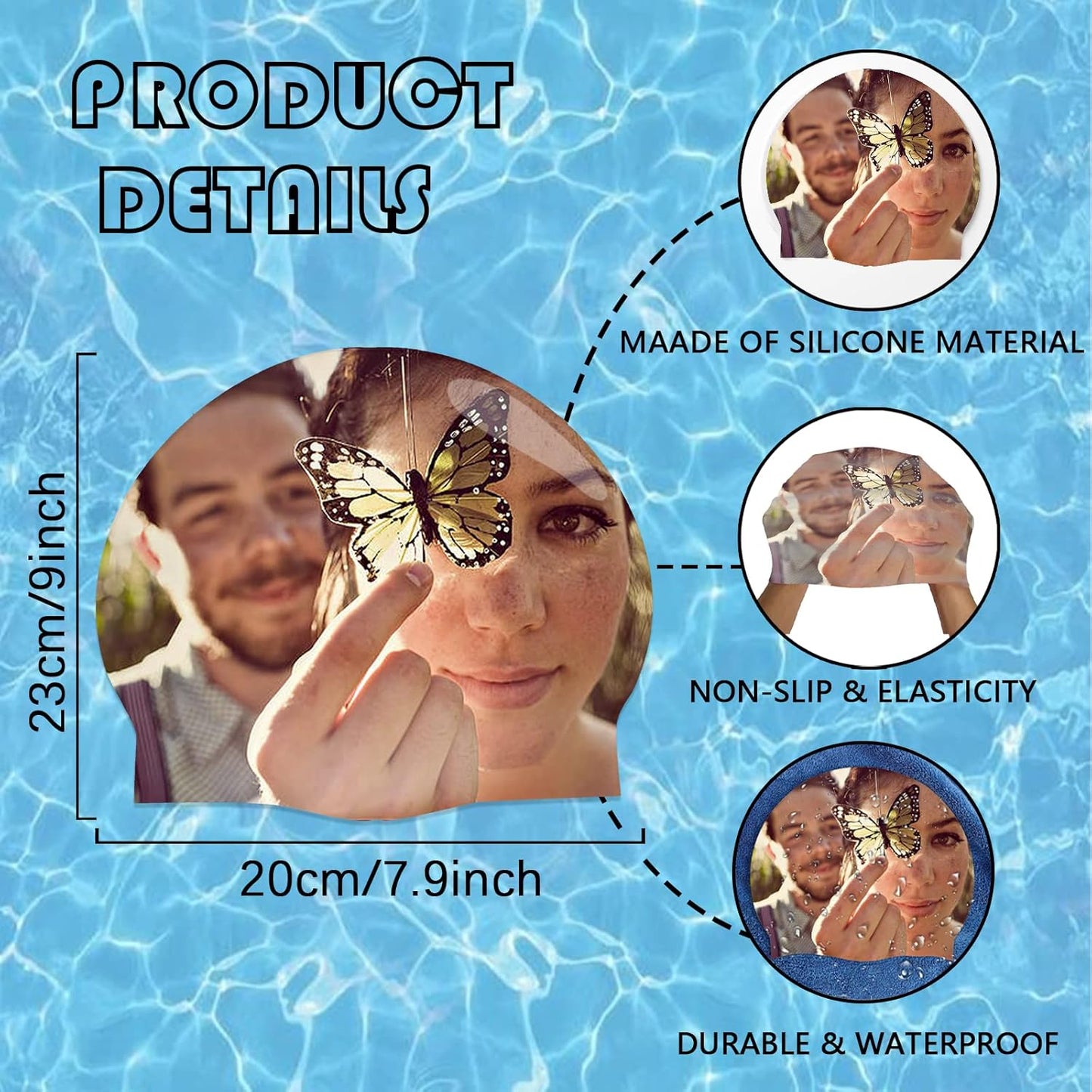 Custom Swim Cap with Photo Personalized Silicone Swim Cap for Men and Women Swimming Customized Swimmers Cap for Short and Medium Length Hair