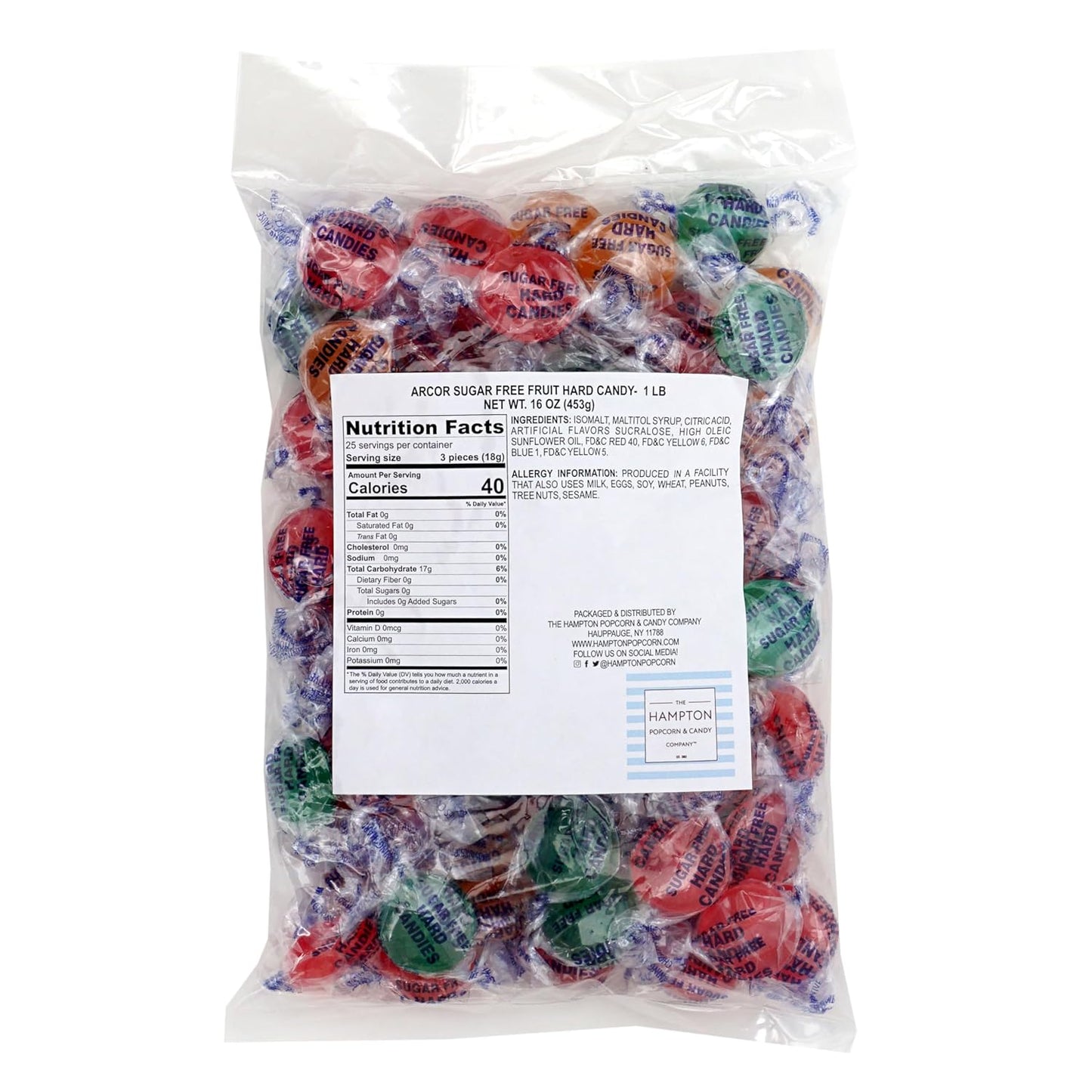 Arcor Sugar Free Fruit Hard Candy, 1 Pound Bulk Bag (Approx 70 Pieces), Individually Wrapped Hard Candy, The Hampton Popcorn & Candy Company