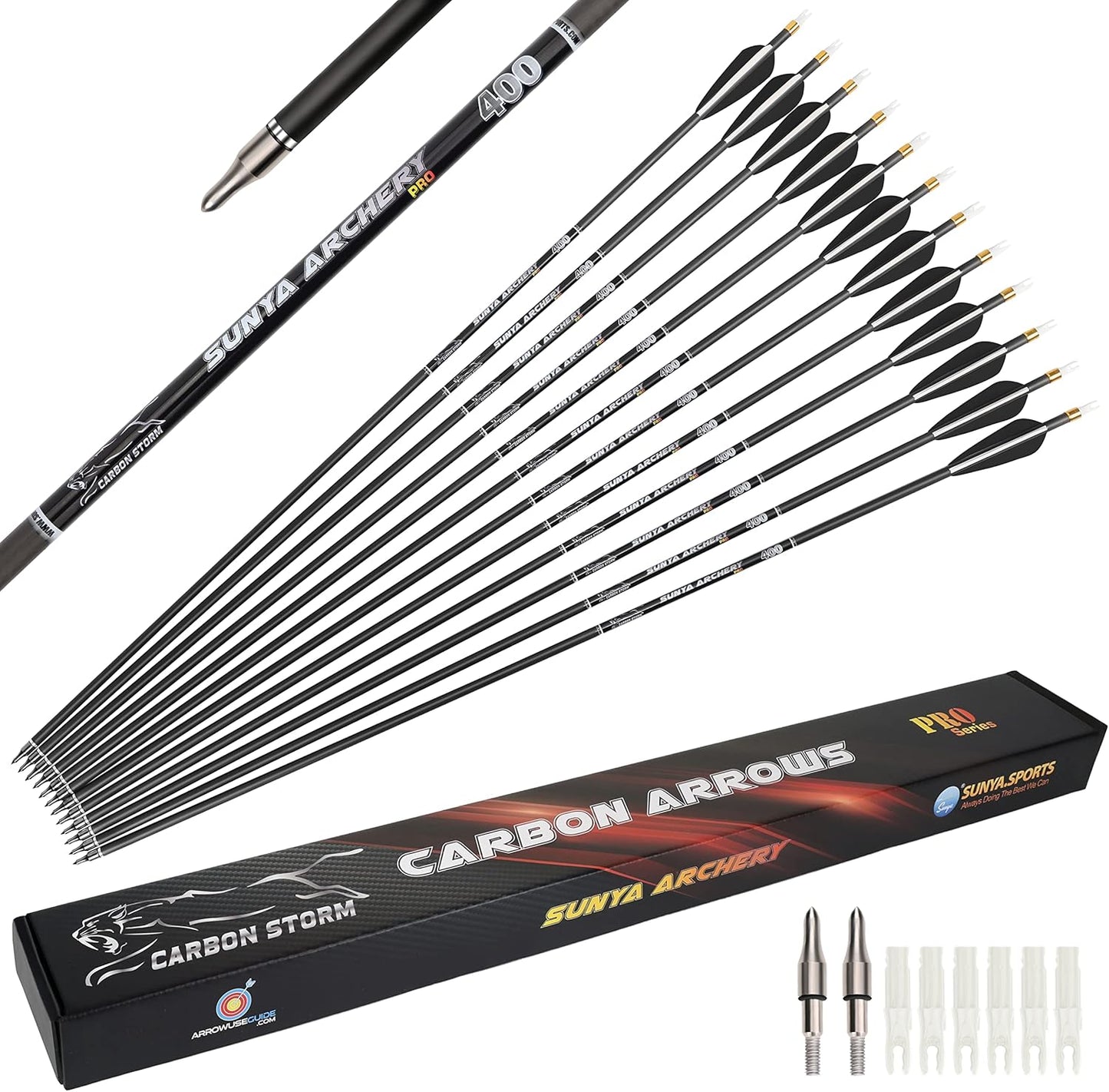 SUNYA 12-Pack 30 Inch Carbon Arrows Spine 500 or 400 for 40-60 LBS Bows｜Switch to Recurve/Compound Modes, Anti-Loose O-Ring & TPU Vanes for Hunting/Target Practice