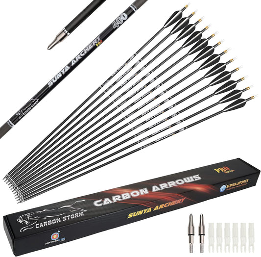 SUNYA 12-Pack 30 Inch Carbon Arrows Spine 500 or 400 for 40-60 LBS Bows｜Switch to Recurve/Compound Modes, Anti-Loose O-Ring & TPU Vanes for Hunting/Target Practice