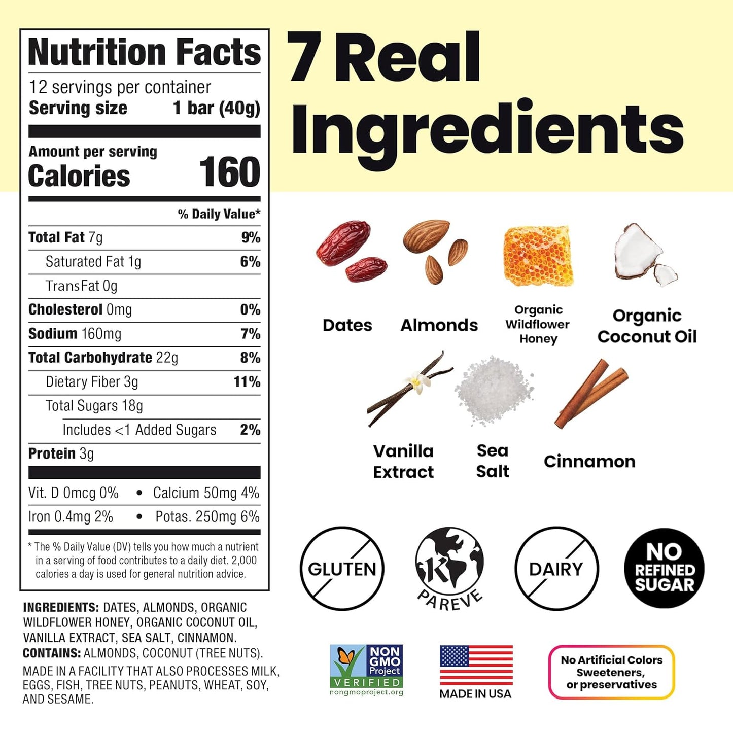 Bahamii - Almond & Date Bars (Honey Cinnamon) - Healthy Snack Bars with Dates - Non-GMO, Gluten-Free, Dairy-Free, Kosher, and No Sugar Added Fruit and Nut Bar - Simple Ingredient Snack (12-Pack)