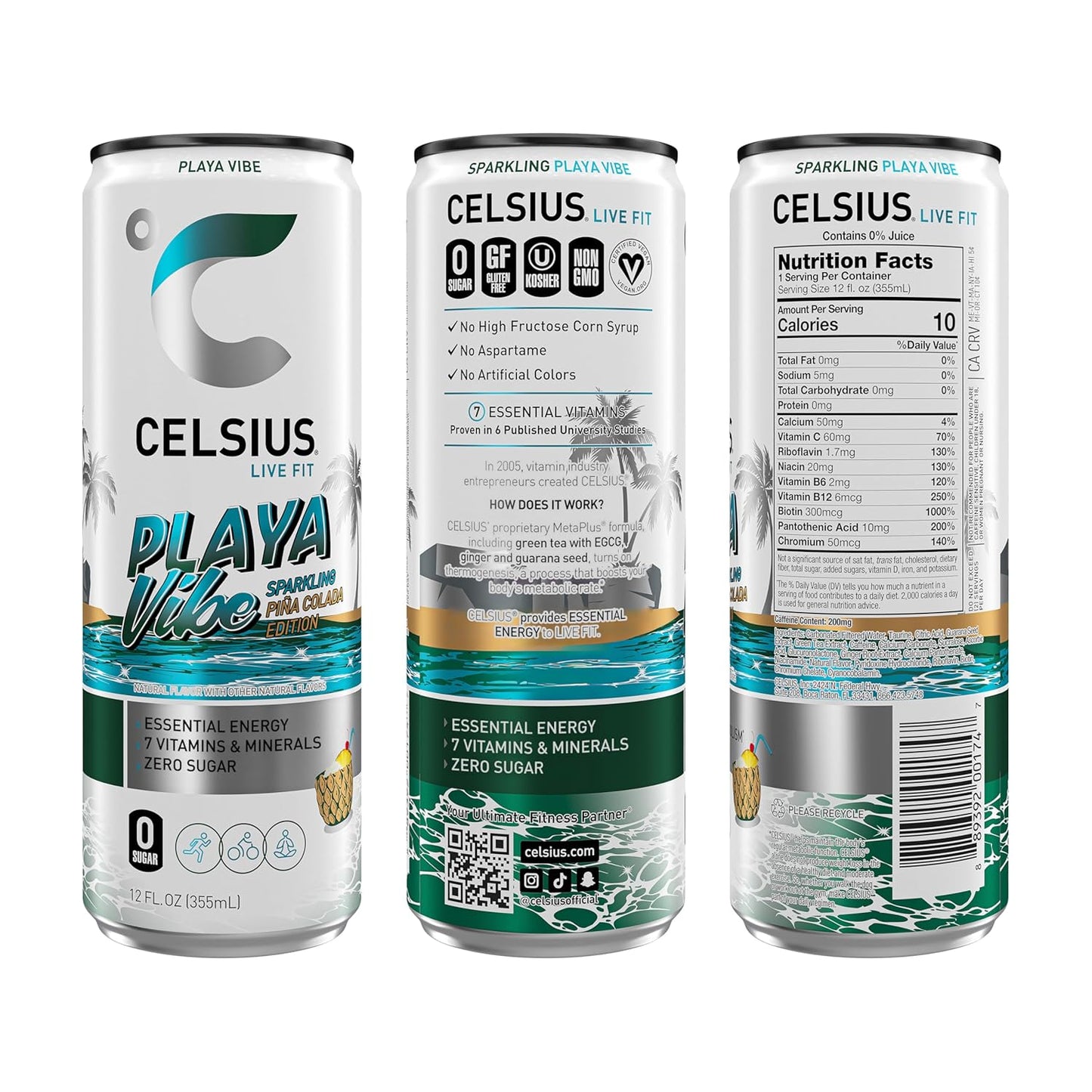CELSIUS PLAYA VIBE Sparkling Pina Colada, Sugar Free Energy Drink, 12 Fl Oz (Pack of 12)
