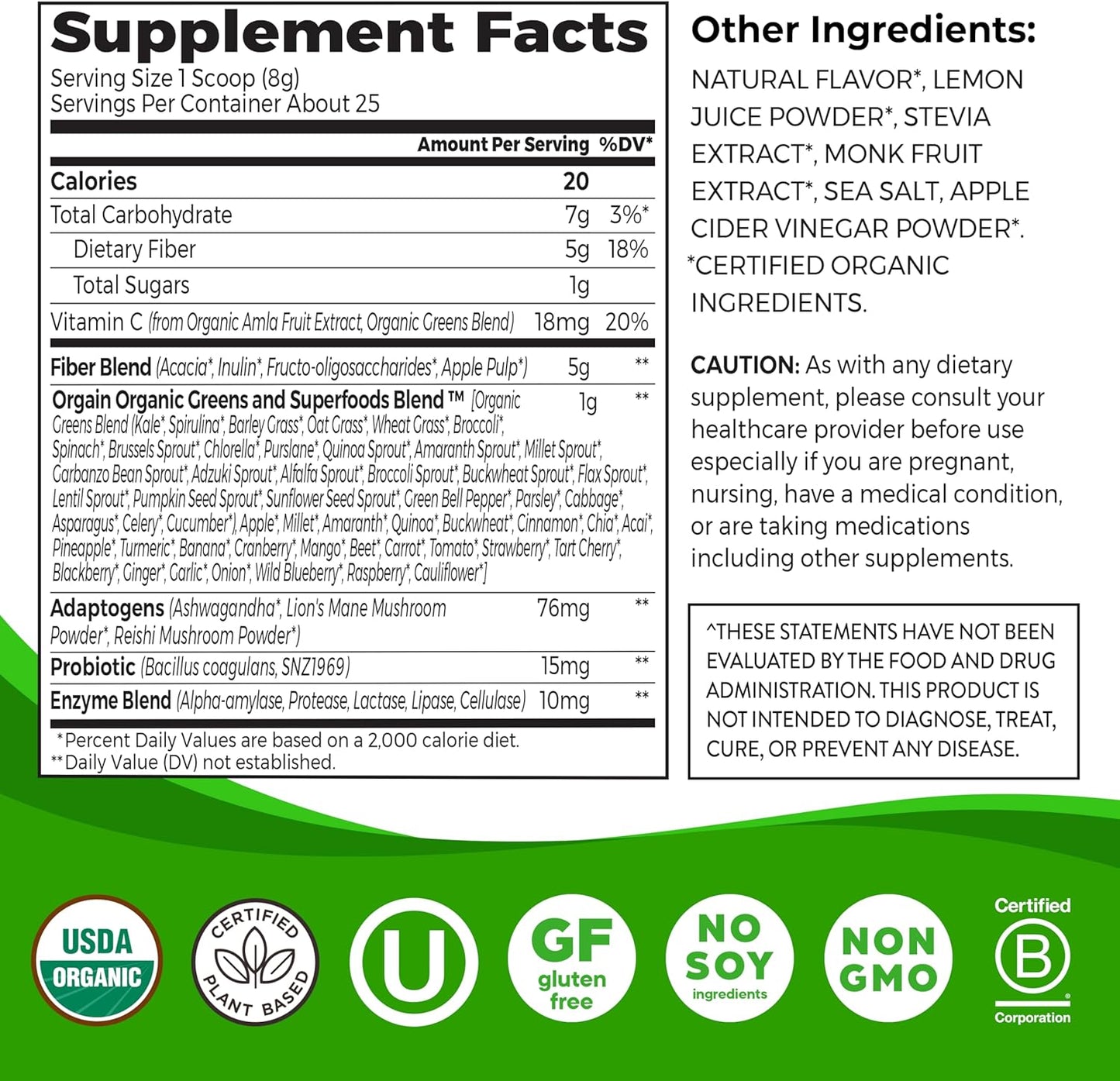 Orgain Organic Wonder Gut Fiber Supplement Powder, 5 in 1 Blend with 1 Billion Probiotics, Greens, Vitamin C, Adaptogens for Gut Health and Immune Support, Non-GMO, Orange Mango, 7.05 oz